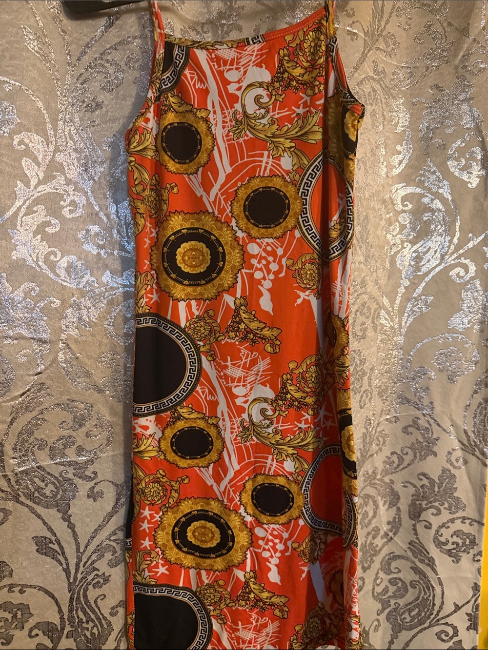SHEIN Orange Printed Maxi Slip Dress with Black & Gold Motifs